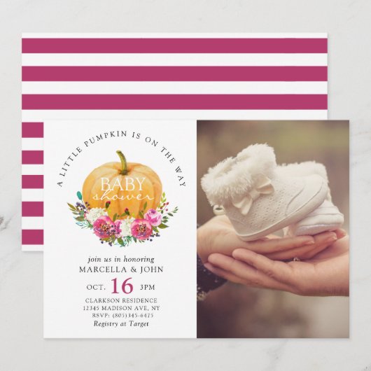 小さなかぼちゃが赤ちゃんシャワーを浴びている 招待状 (正面/裏面)
