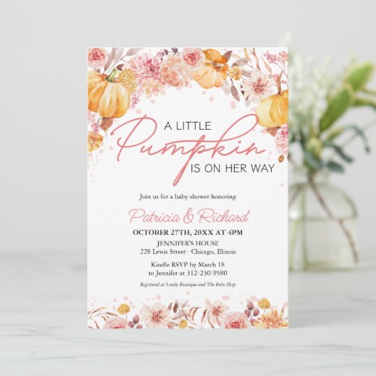 小さなかぼちゃが赤ちゃんシャワーを浴びる 招待状 (スタンド正面)