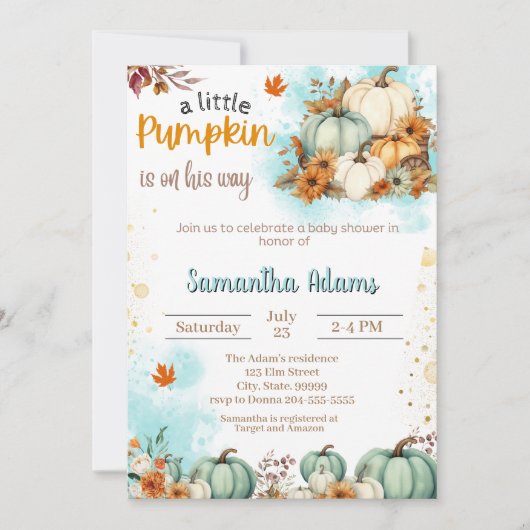 小さなかぼちゃが赤ちゃんシャワーを浴びる 招待状 (正面)