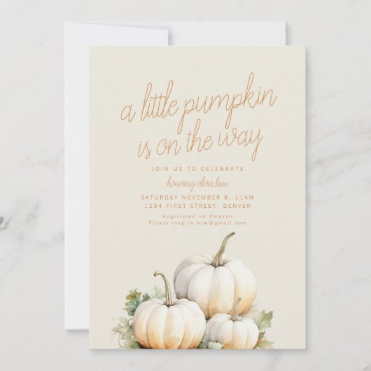 小さなかぼちゃが赤ちゃんシャワーを浴びる 招待状 (正面)