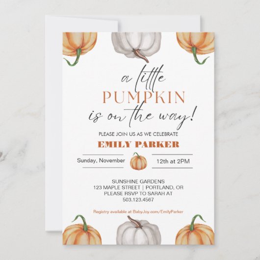 小さなかぼちゃが赤ちゃんシャワーを浴びる 招待状 (正面)