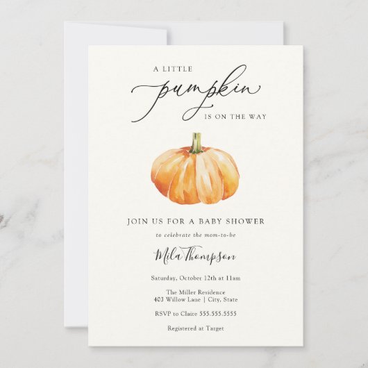 小さなかぼちゃが赤ちゃんシャワーを浴びる 招待状 (正面)