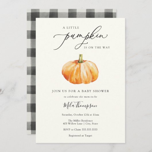 小さなかぼちゃが赤ちゃんシャワーを浴びる 招待状 (正面/裏面)