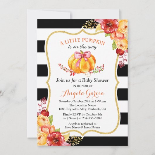 小さなかぼちゃが途中だ |女の子の赤ちゃんシャワー 招待状 (正面)