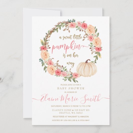 小さなかぼちゃが途中にある秋の赤ちゃん 招待状 (正面)