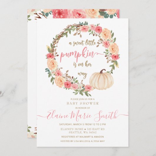 小さなかぼちゃが途中にある秋の赤ちゃん 招待状 (正面/裏面)