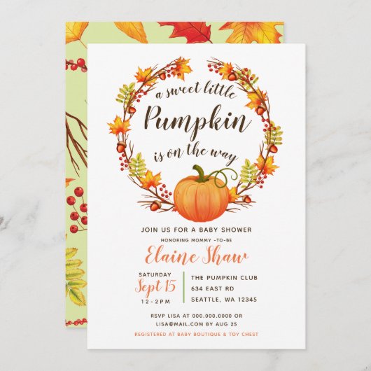 小さなかぼちゃが途中にある秋の赤ちゃん 招待状 (正面/裏面)