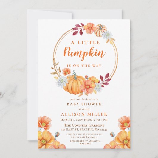 小さなかぼちゃが途中にある秋の赤ちゃん 招待状 (正面)