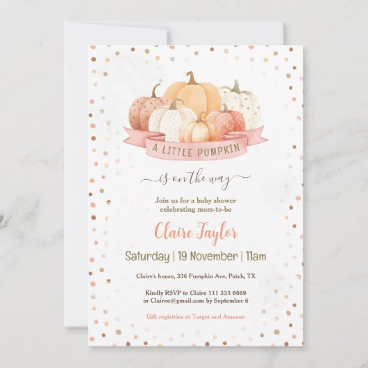 小さなかぼちゃが途中の女の子の赤ちゃんシャワー 招待状 (正面)
