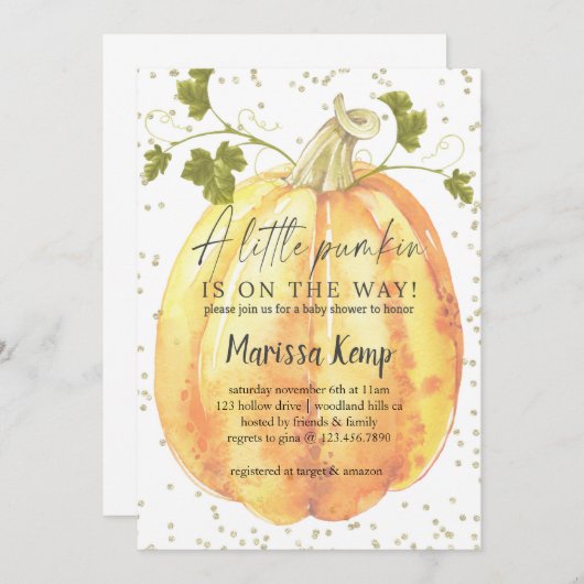 小さなかぼちゃが道に出ている、秋の赤ちゃんシャワー。 招待状 (正面/裏面)