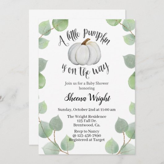 小さなかぼちゃが道に出ている、秋の赤ちゃんシャワー。 招待状 (正面/裏面)