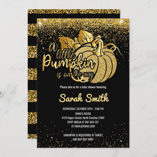 小さなかぼちゃが道に黒と金ゴールド 招待状 (正面/裏面)