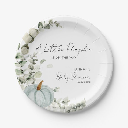 小さなかぼちゃが青い赤ちゃんシャワーに行く ペーパープレート (正面)