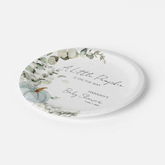 小さなかぼちゃが青い赤ちゃんシャワーに行く ペーパープレート (アングル)