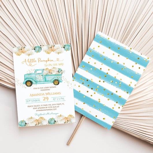 小さなかぼちゃのトラックの赤ちゃんシャワーグリーン 招待状