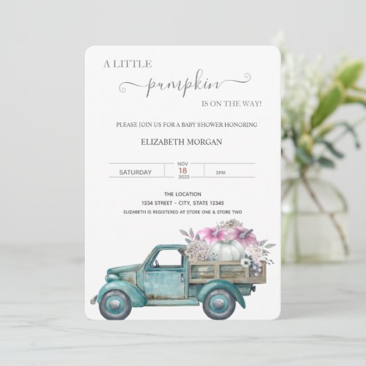 小さなかぼちゃのトラック点々のある、赤ちゃんシャワー 招待状 (スタンド正面)
