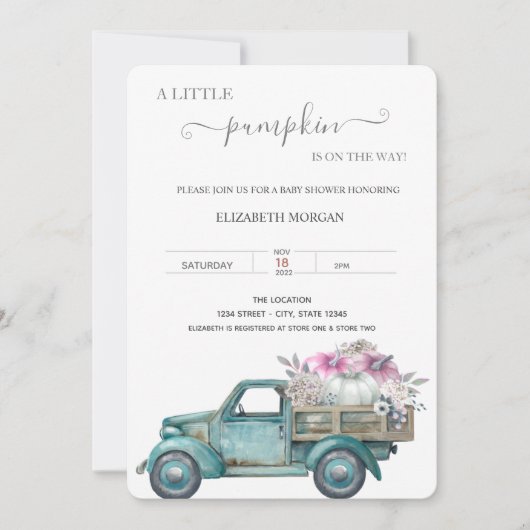 小さなかぼちゃのトラック点々のある、赤ちゃんシャワー 招待状 (正面)