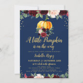 小さなかぼちゃのネイビー花柄ベイビーシャワー招待状 招待状 (正面)