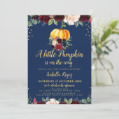 小さなかぼちゃのネイビー花柄ベイビーシャワー招待状 招待状 (スタンド正面)