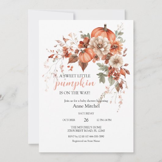 小さなかぼちゃのピンクの蝶結び ベビーシャワー招待状 招待状 (正面)