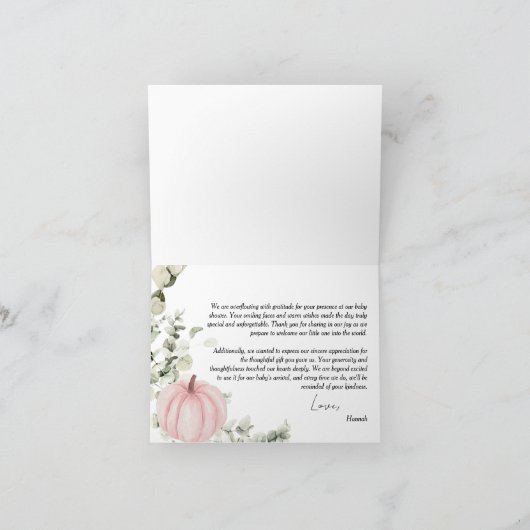 小さなかぼちゃのピンクの赤ちゃんシャワー サンキューカード (内部)