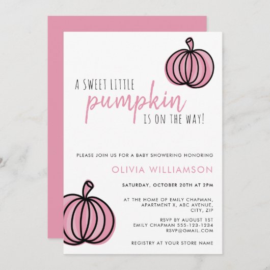 小さなかぼちゃのピンクの赤ちゃん女の子シャワー 招待状 (正面/裏面)
