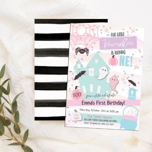 小さなかぼちゃのファーストバースデーハロウィンパステル 招待状