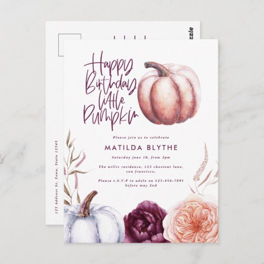 小さなかぼちゃのフローラ秋紫の桃の誕生日 ポストカード (正面/裏面)