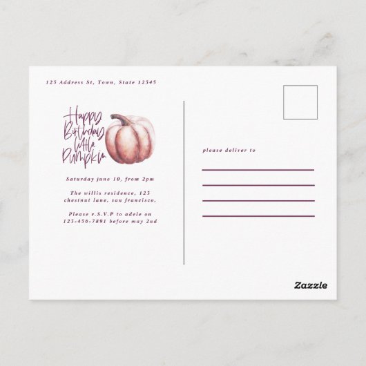 小さなかぼちゃのフローラ秋紫の桃の誕生日 ポストカード (裏面)