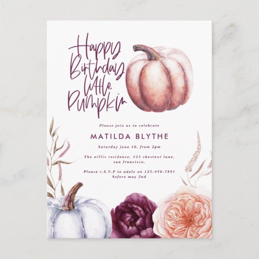 小さなかぼちゃのフローラ秋紫の桃の誕生日 ポストカード (正面)