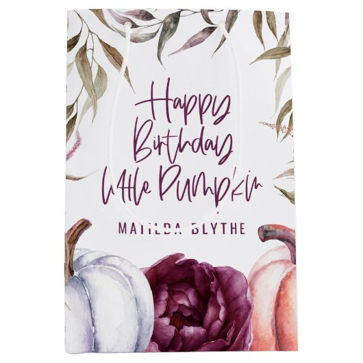 小さなかぼちゃのフローラ秋誕生日パーティー ミディアムペーパーバッグ (正面)