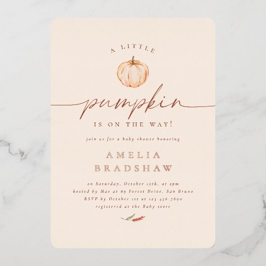 小さなかぼちゃのフローラ秋赤ちゃんシャワー 箔招待状 (正面)