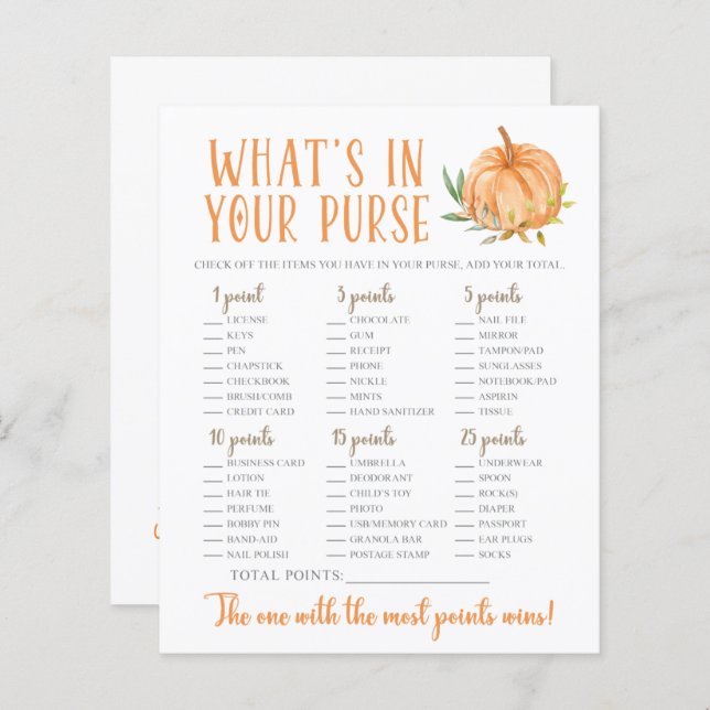 小さなかぼちゃのフローラ赤ちゃんシャワー財布ゲーム (正面/裏面)