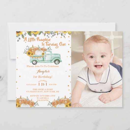 小さなかぼちゃのブルートラックファースト誕生日 招待状 (正面)