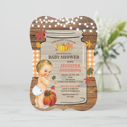 小さなかぼちゃのベビーシャワーの招待素朴秋 招待状 (スタンド正面)