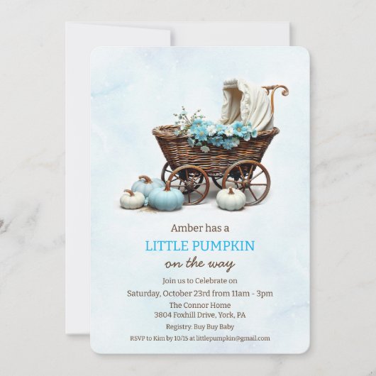 小さなかぼちゃのベビー車の赤ちゃんシャワー 招待状 (正面)