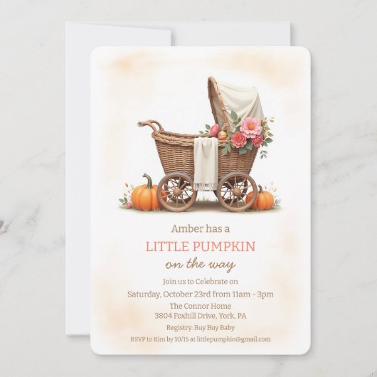 小さなかぼちゃのベビー車の赤ちゃんシャワー 招待状 (正面)