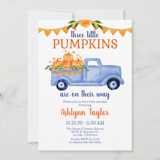 小さなかぼちゃの三重項ベビーすべてを1つに振りかける 招待状 (正面)