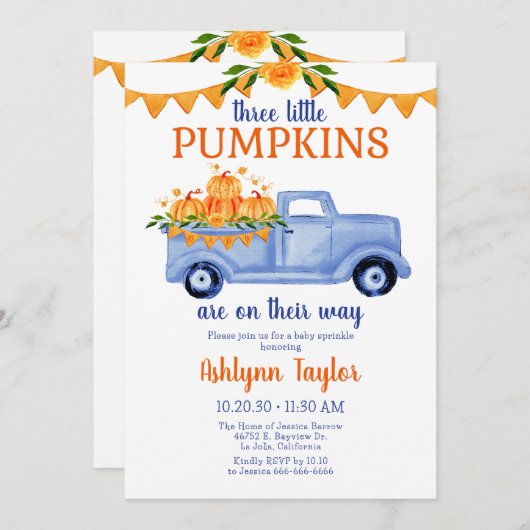 小さなかぼちゃの三重項ベビーすべてを1つに振りかける 招待状 (正面/裏面)