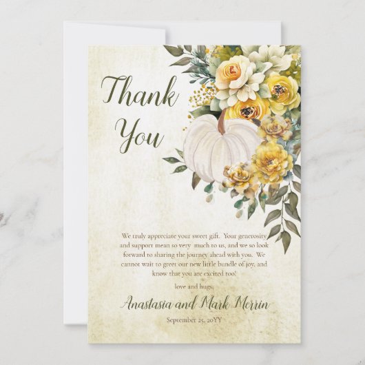 小さなかぼちゃの収穫金ゴールドフローラベビーシャワー サンキューカード (正面)