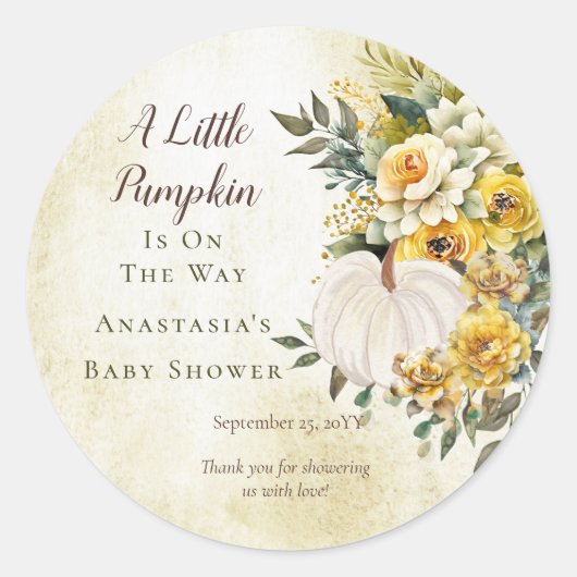 小さなかぼちゃの収穫金ゴールドフローラベビーシャワー ラウンドシール (正面)