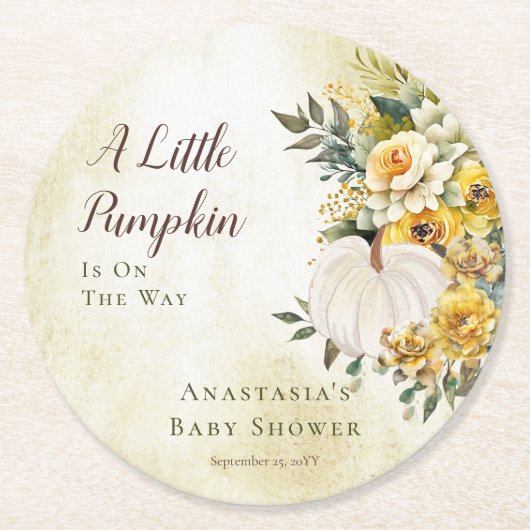 小さなかぼちゃの収穫金ゴールドフローラベビーシャワー ラウンドペーパーコースター (正面)