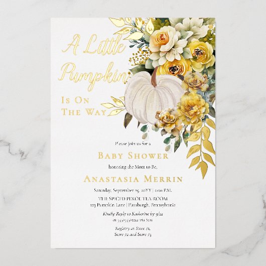 小さなかぼちゃの収穫金ゴールドフローラベビーシャワー 箔招待状 (正面)