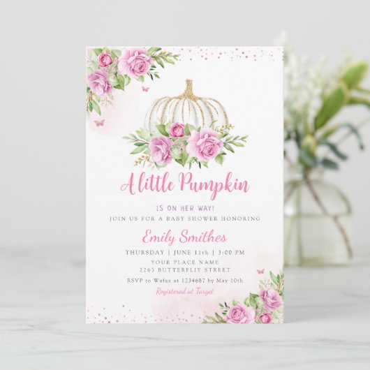 小さなかぼちゃの女の子の赤ちゃんシャワー招待状 招待状 (スタンド正面)