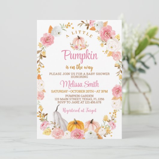 小さなかぼちゃの女の子の赤ちゃんシャワー招待状 招待状 (スタンド正面)