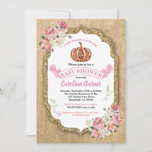 小さなかぼちゃの女の子シャワーの招待のバーラップ 招待状 (正面)