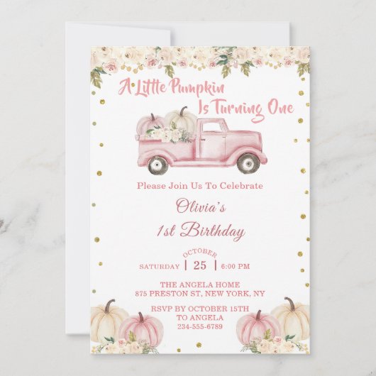 小さなかぼちゃの女の子1歳の誕生日 招待状 (正面)