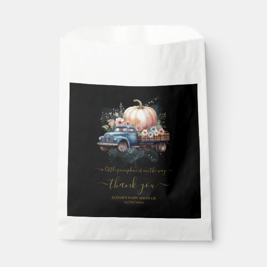 小さなかぼちゃの水の色のトラックの赤ちゃんシャワー フェイバーバッグ (正面)