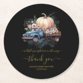 小さなかぼちゃの水の色のトラックの赤ちゃんシャワー ラウンドペーパーコースター (正面)