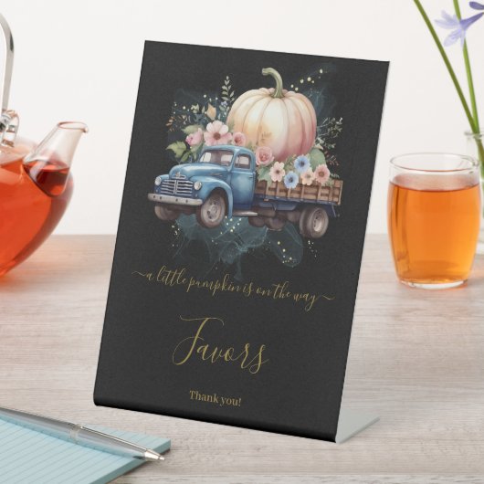 小さなかぼちゃの水の色のトラックの赤ちゃんシャワー 台座サイン (インサイチュ)